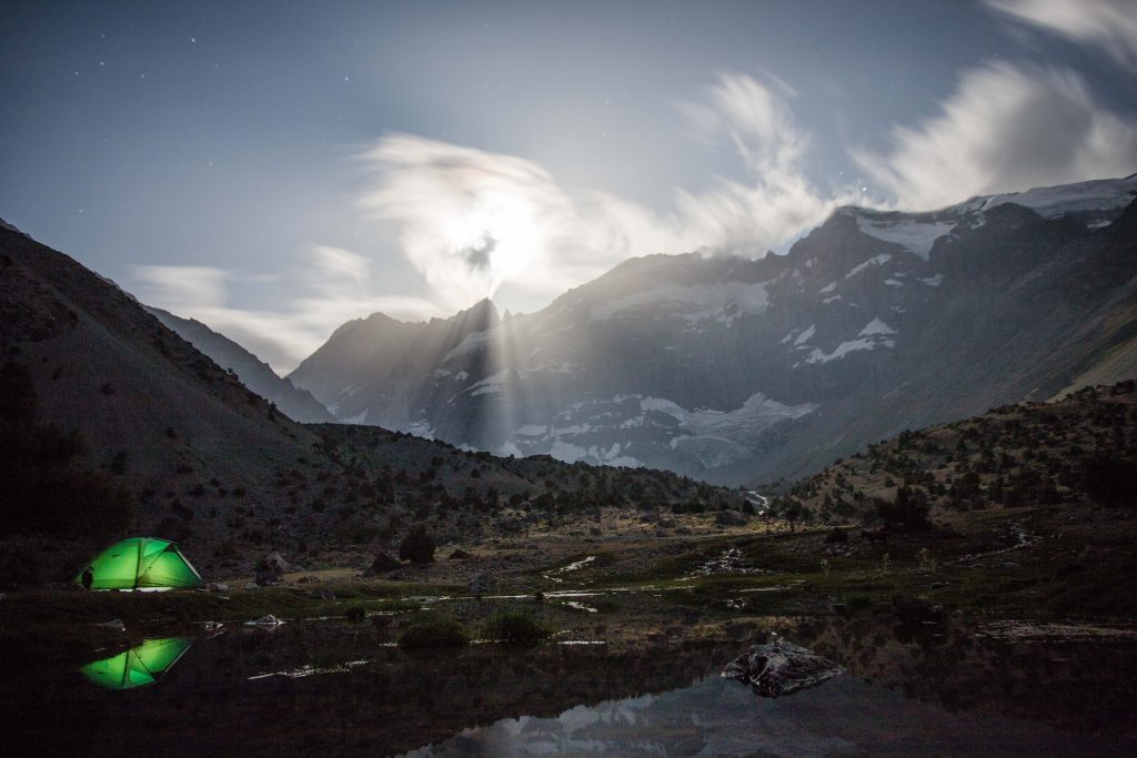 Camping alongside one of the Kulaikalon Lakes in Tajikistan's Fann Mountains.