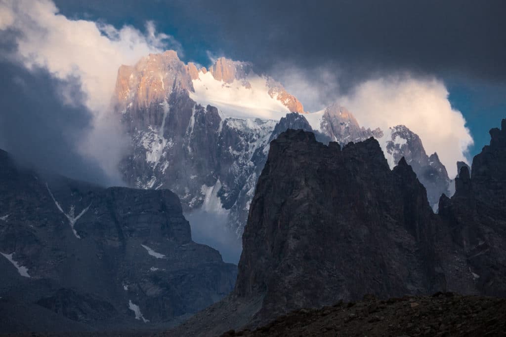 Golden light view of Peak Korona from Ratsek Hut in Kyrgyzstan