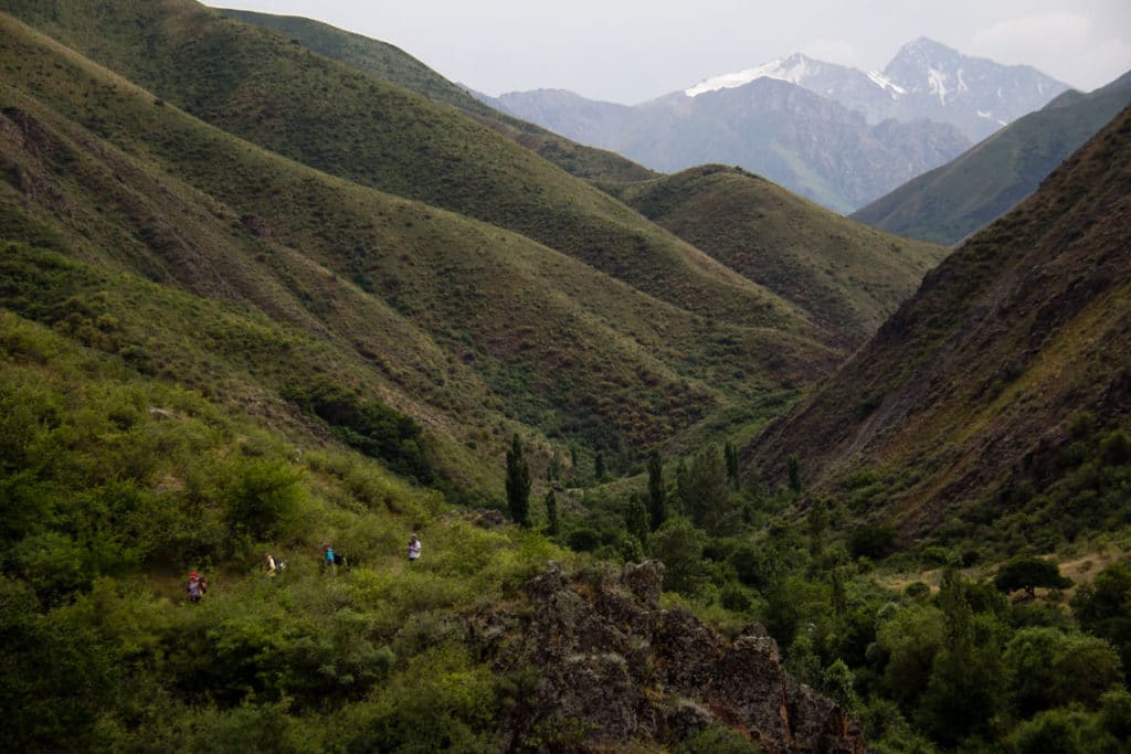 HIkers on a verdant hillside in the Chon Kaindy Valley