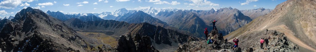 Climbing above Panorama Pass above Ala Kol Lake in Kyrgyzstan