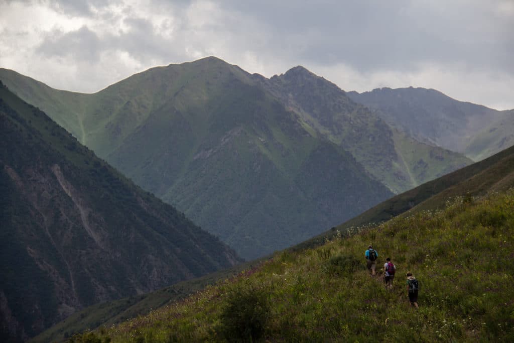 Hiking on a cloudy day in the Chong Kaindy Canyon