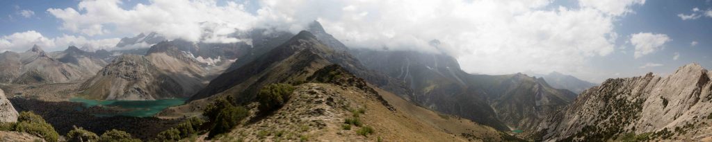 Panorama of the Kulaikalon Lakes and Chukurak Valley from the Chukurak Pass in the Fann Mountains of Tajikistan.