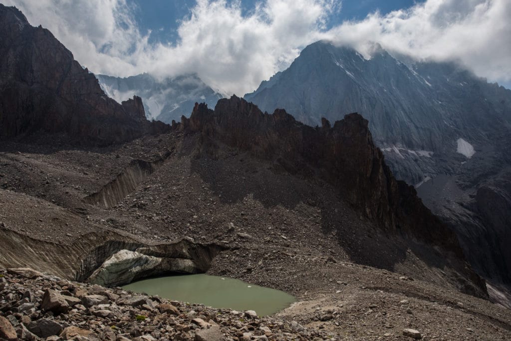 Small lake in the Uchitel Glacier near Racek Camp in Kyrgyzstan
