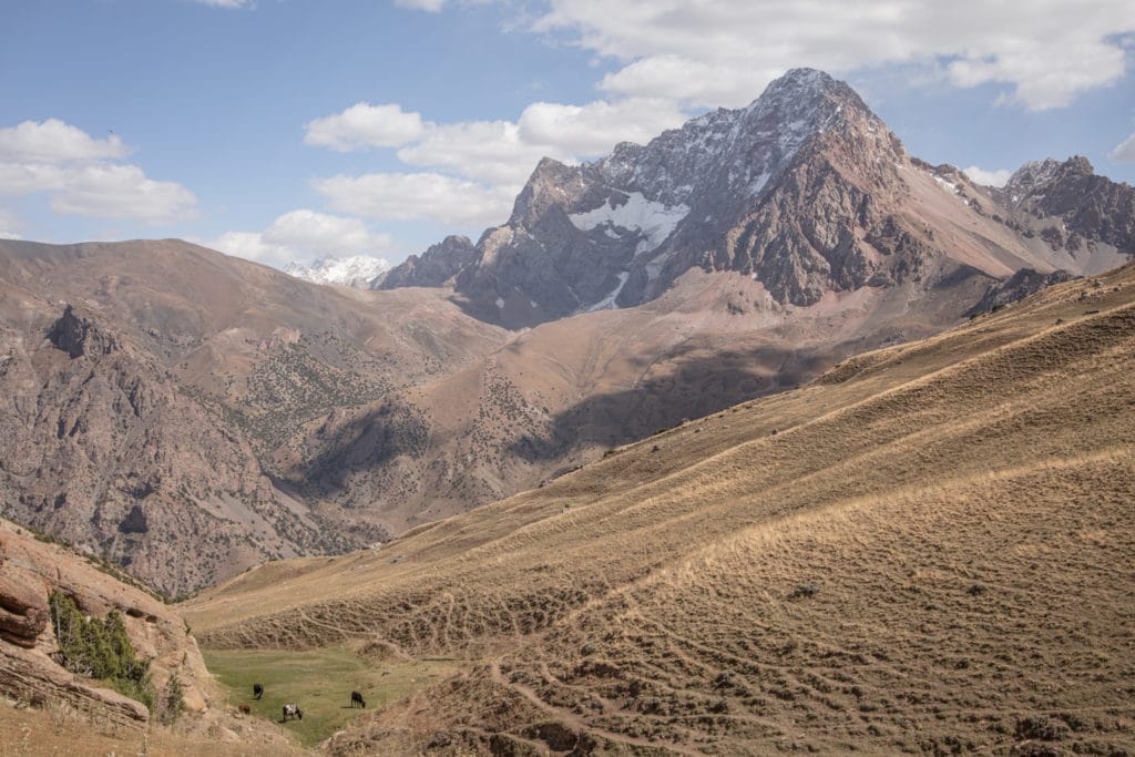 Descending Tavasang Pass toward Sarymat River Valley