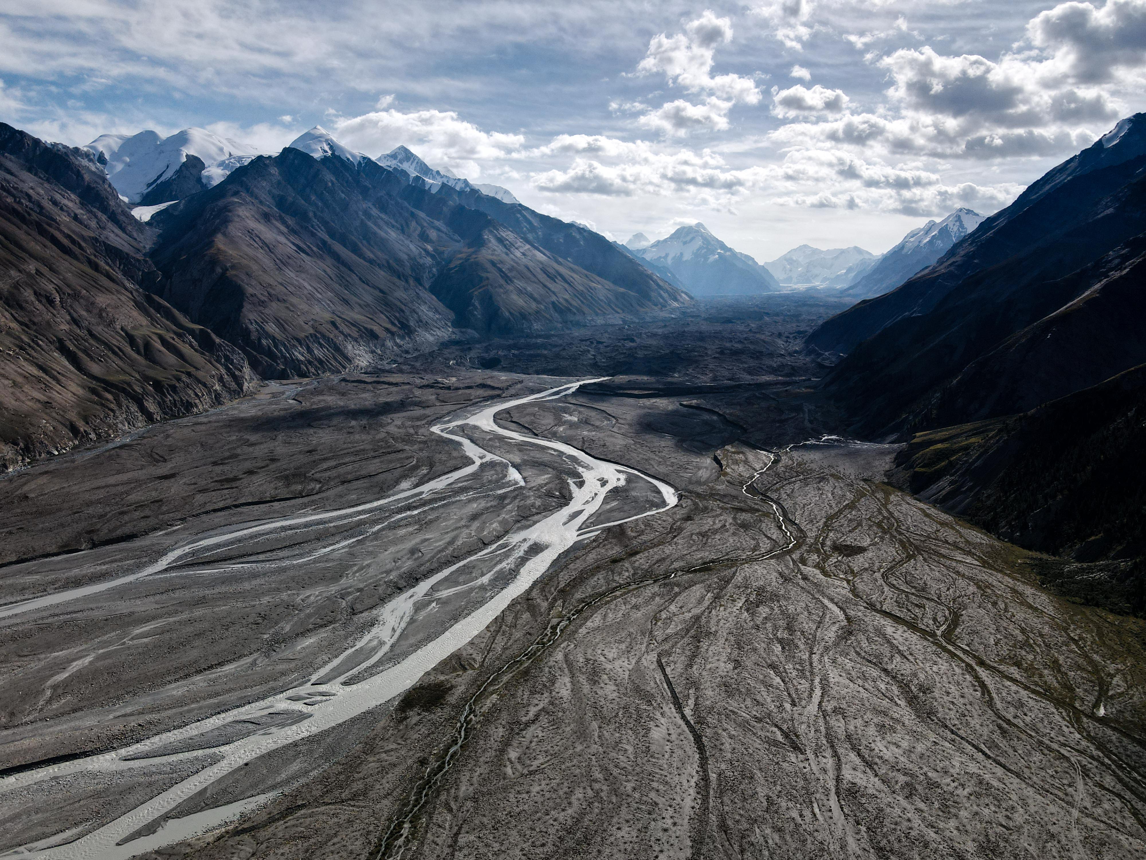 Drone view of the Enilchek Valley and Southern Enilchek Glacier