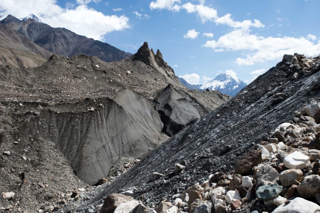 Shifting rocky hiking terrain of the Southern Enilchek Glacier in Kyrgyzstan