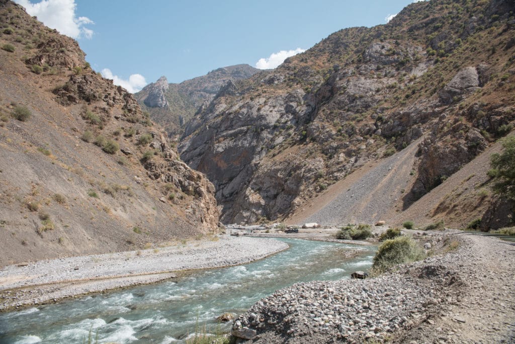 Subashi River exiting from narrow canyon into valley along the Mogiyon to Haft Kul trek