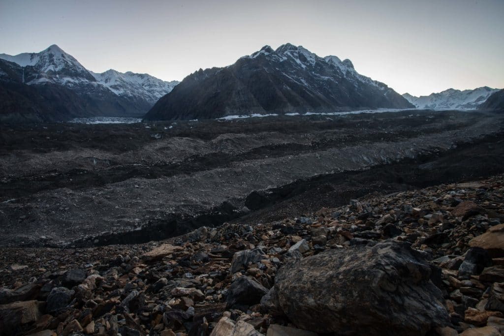 Sunrise over the North and South Enilchek Glaciers at Merzbacher Glade