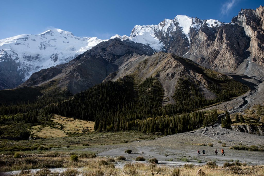 Trekking below the peaks of the Enilchek Valley