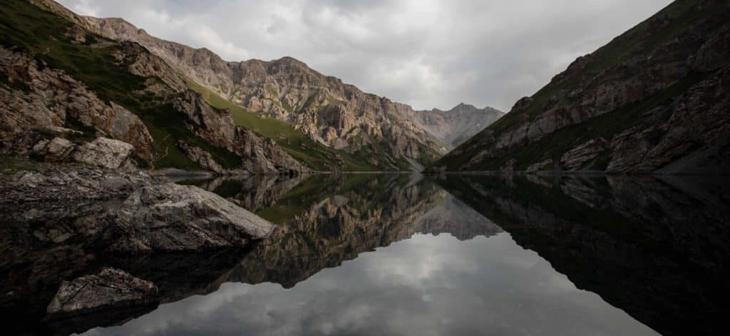 Reflection of Kol Tor Lake in the Upper At Bashi Valley of Kyrgyzstan
