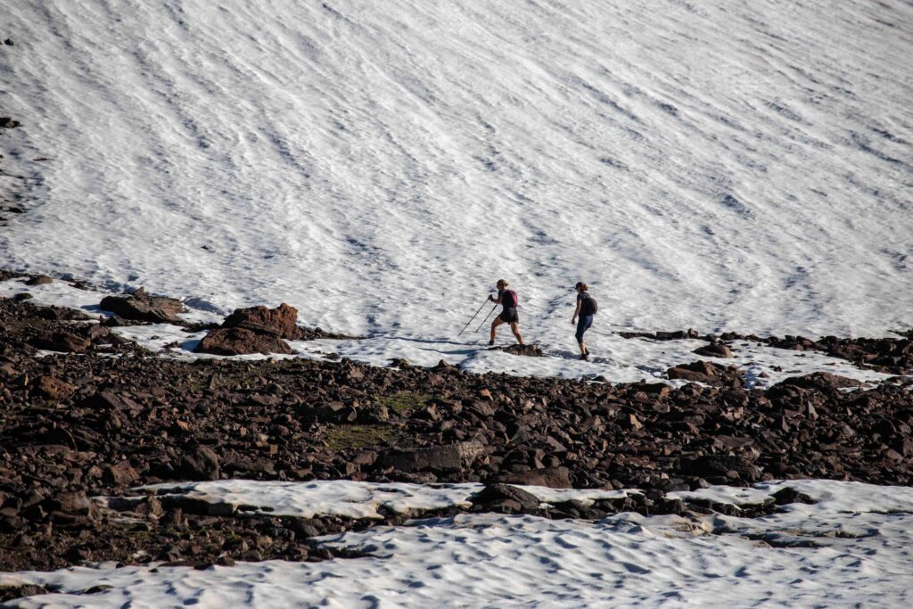 Crossing snowfields in spring at Aragats Peak