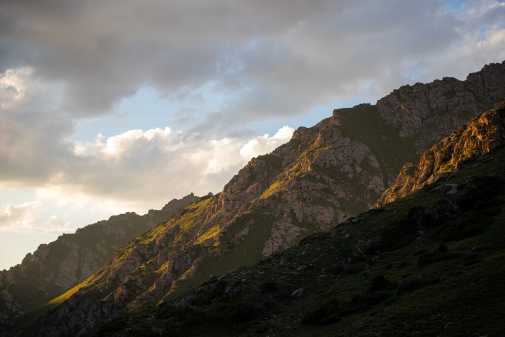Sunset in the mountains near Shaar Waterfall in Naryn
